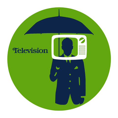 Man holding Umbrella with a TV on his head. Television.