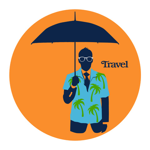 logo with man holding umbrella dressed in Hawaiian shirt.