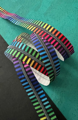 View Wide Rainbow Stripe Zipper Tape With Iridescent Teeth