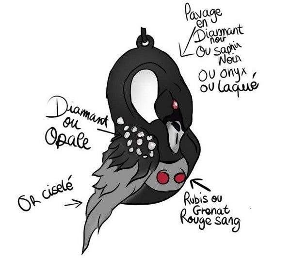 dessin d'un pendentif cygne à fabriqué en or blanc