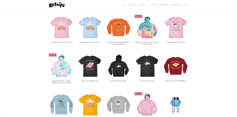 Shopify магазин Ketnipz: свитеры, футболки и различные аксессуары с рисунками персонажа Бина