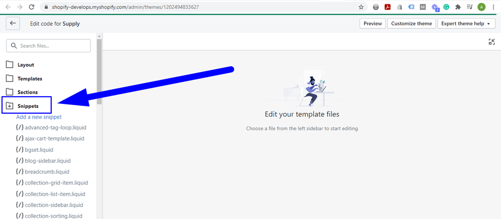 Раздел Snippets редактора темы Shopify