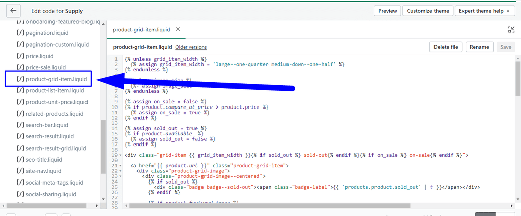 Файл product-grid-item.liquid в разделе Snippets