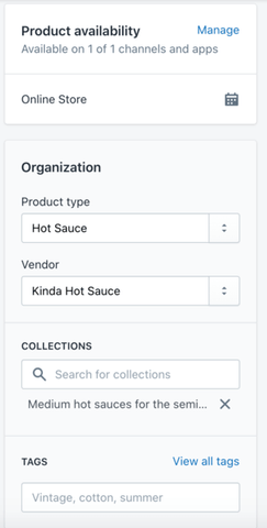 Організація товару в Shopify: виставлення тегів, виробника, колекції, типу та доступності
