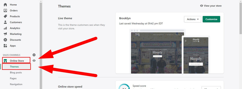 Подраздел "Themes" раздела "Online Store" интернет-магазина Shopify
