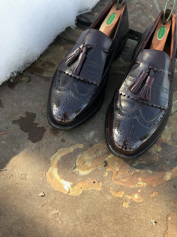 Mirror shine on the toes of Allen Edmonds Arlington Kiltie Loafers