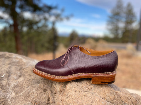 Pure Polish RAB Bespoke Oxblood Russian Hatch Grain Derbies on a rock with trees single left shoe facing to the left