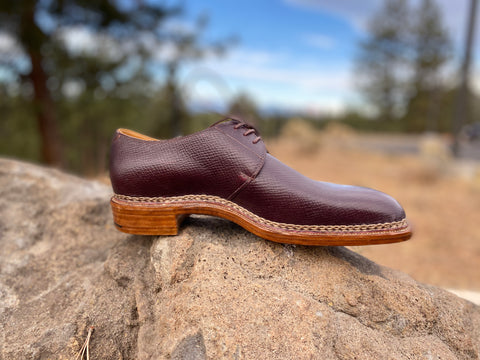 Pure Polish RAB Bespoke Oxblood Russian Hatch Grain Derbies on a rock with trees single left shoe facing to the right