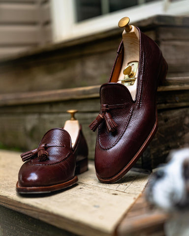 Ichigo Ichie Shoemaker from Japan remote bespoke tassel loafers made from replica reindeer leather, on steps