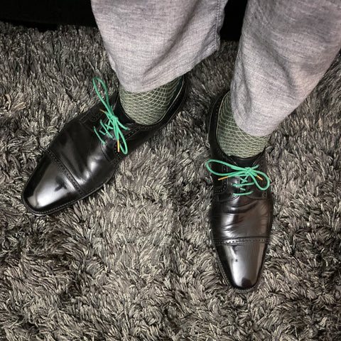 Mirror Shine on Black Nordstrom Derbies with Green Fintoco Dress laces, Green Viccel Dress Socks, and Grey Agave Denim Twill Slacks