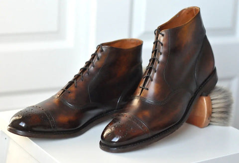 Allen Edmond Fifth Street boots with custom Hickory patina by Patina Works Arizona