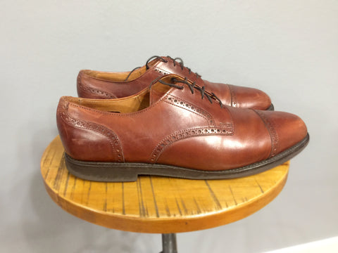 Pre-lensing a pair of Allen Edmonds Benton Walnut Calfskin Derbies from the side