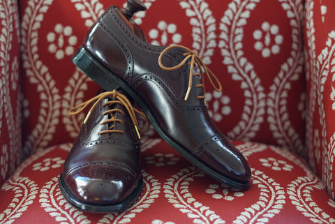 Vintage Church Shoes Oxford Semi-Brogues in Burgundy Restored and Polished Angled