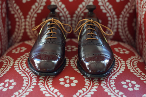 Vintage Church Shoes Oxford Semi-Brogues in Burgundy Restored and Polished Front Facing
