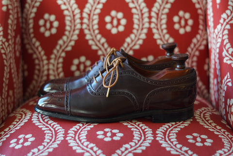 Vintage Church Shoes Oxford Semi-Brogues in Burgundy Restored and Polished Facing Sideways