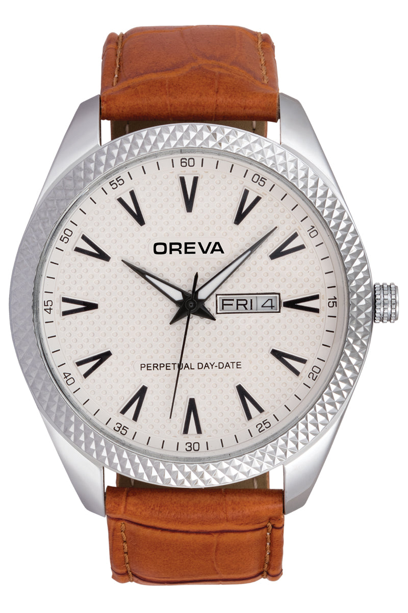 Oreva wrist watch (ORG-120) for men's/Boy's with leather belt, day and date display in Black/brown/silver & rosegold dial