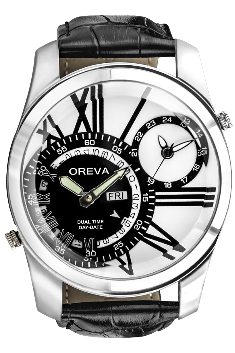 Oreva wrist watch (ORG-129) for men's/Boy's with leather belt with  dual time with day &date features  dial of Black/brown/silver/steel/Rose gold/black white