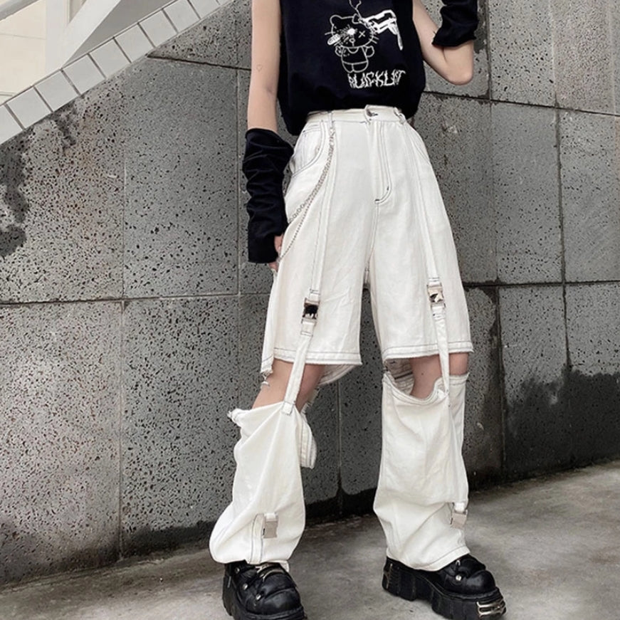 Black White Cargo Pants Two Piece Buckle – Harajuku