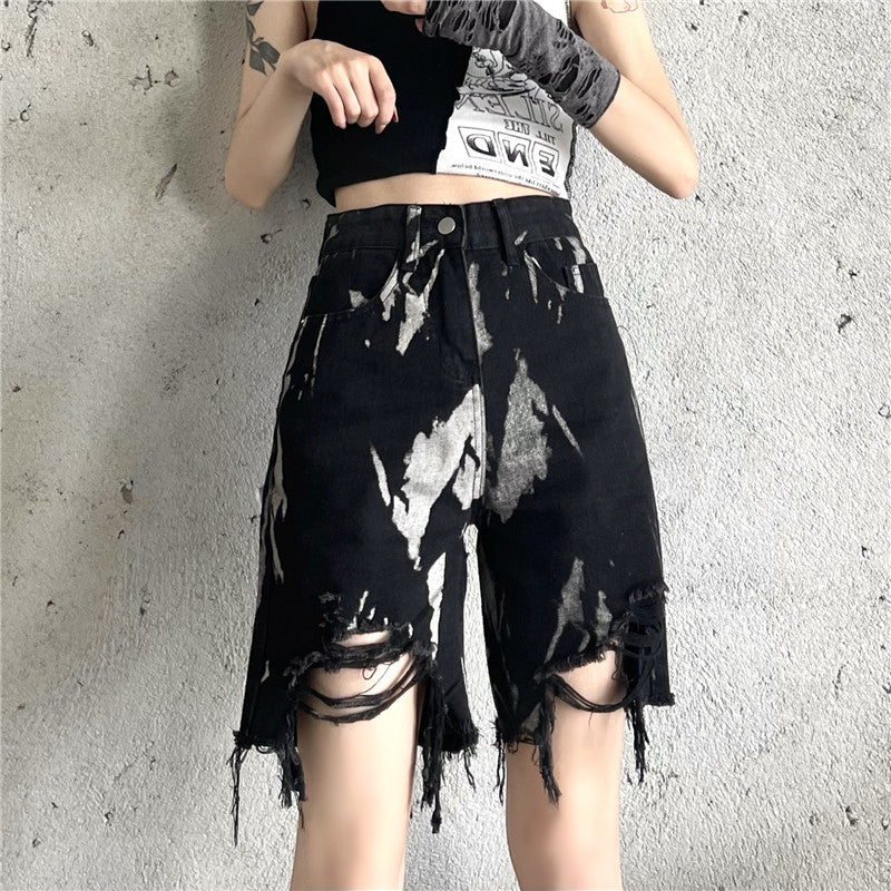 Camouflage Punk Black Denim Shorts Ripped Edges New World – Harajuku