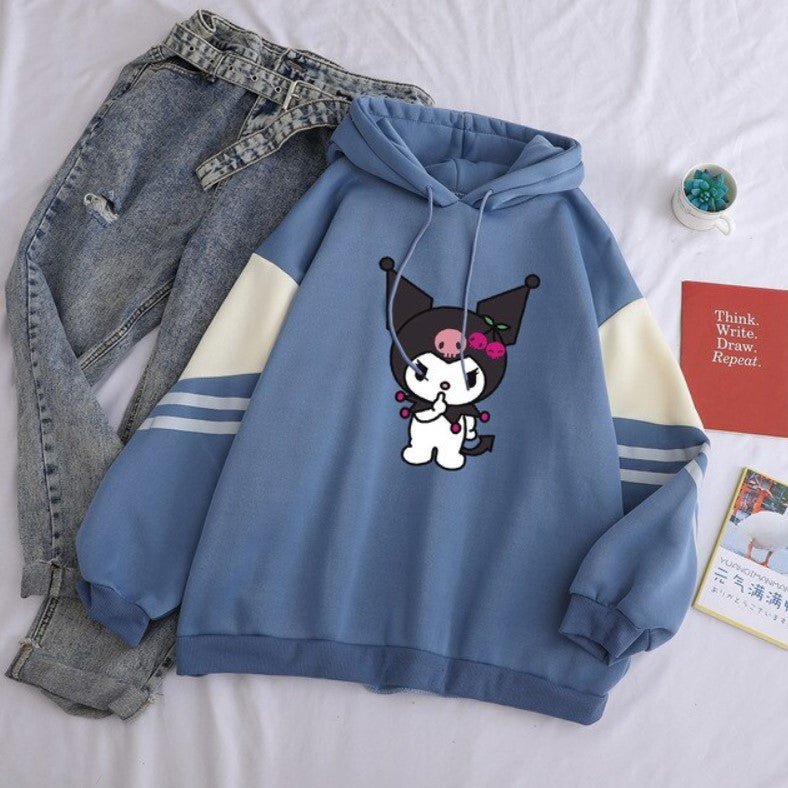 Kuromi Kawaii Fleece Sweatshirt Striped Sleeves – Harajuku