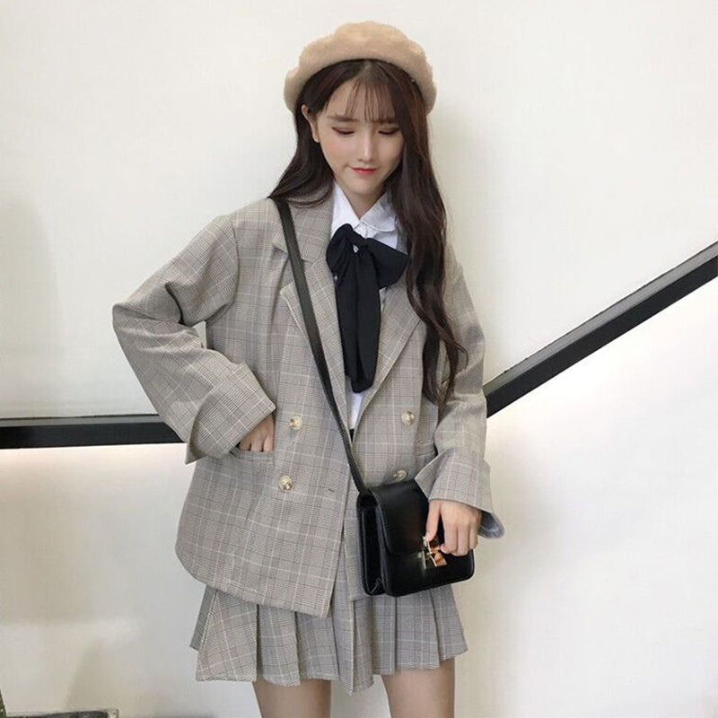 Plaid Suit Korean Plaid Suit Jacket Plus Skirt – Harajuku
