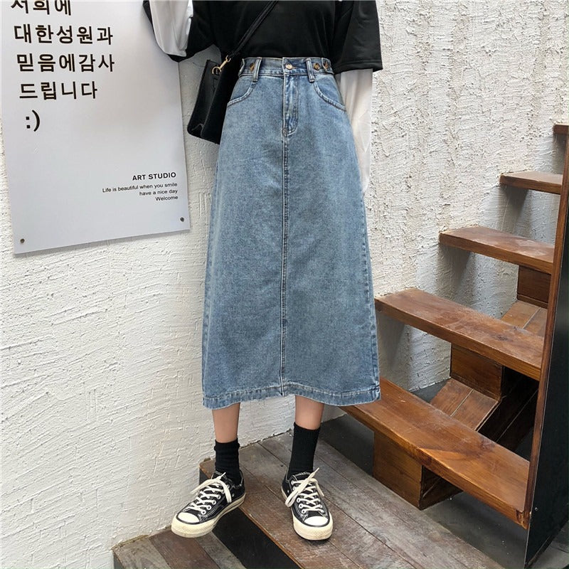 Washed Long Denim Skirt Retro Spring – Harajuku