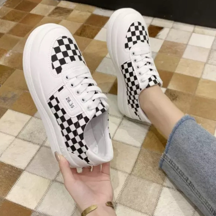 White Shoes Aesthetic Checkered Platform – Harajuku