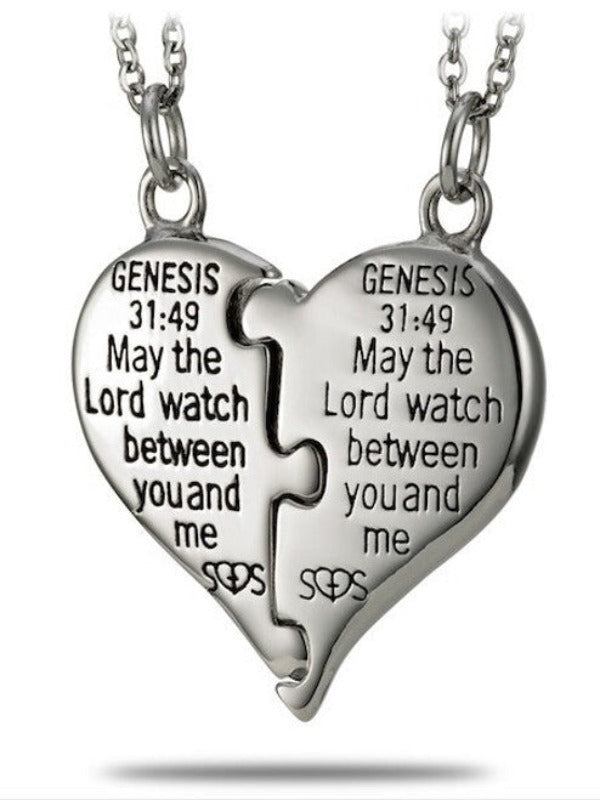 Stainless Steel Puzzle Piece Split Heart Necklace - Genesis 31:49