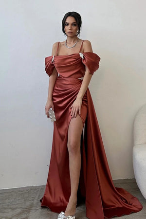 Off-the-Shoulder Mermaid Prom Dress With Split Ruffles Beads - TANYA BRIDAL