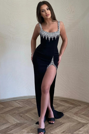 Black Sleeveless Mermaid Prom Dress With Split Beadings - TANYA BRIDAL