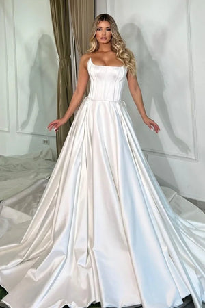Long Satin Wedding Dress Lace Up Back - TANYA BRIDAL