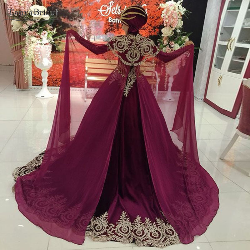 Wine Red Long Sleeve Wedding Dresses Gold Lace Appliques Muslim Kaftan ...