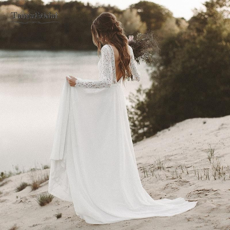 long sleeve open back wedding dress