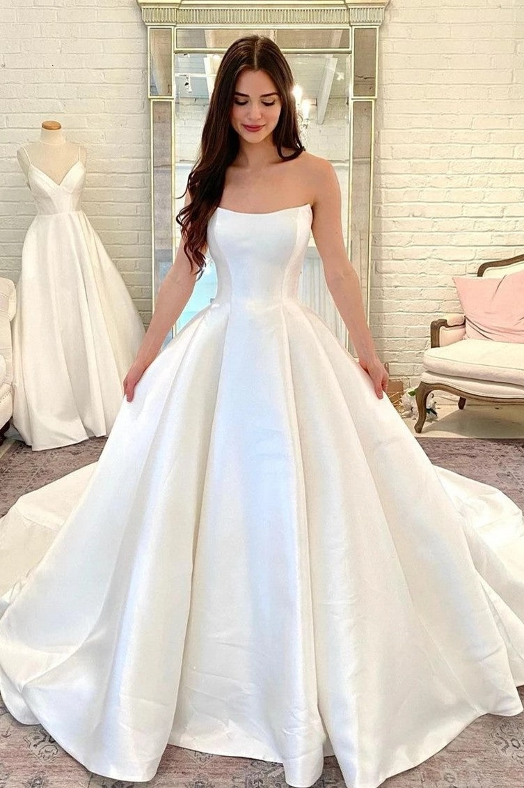 Simple Satin Ball Gown Wedding Dress With Detachable Sleeves – TANYA BRIDAL