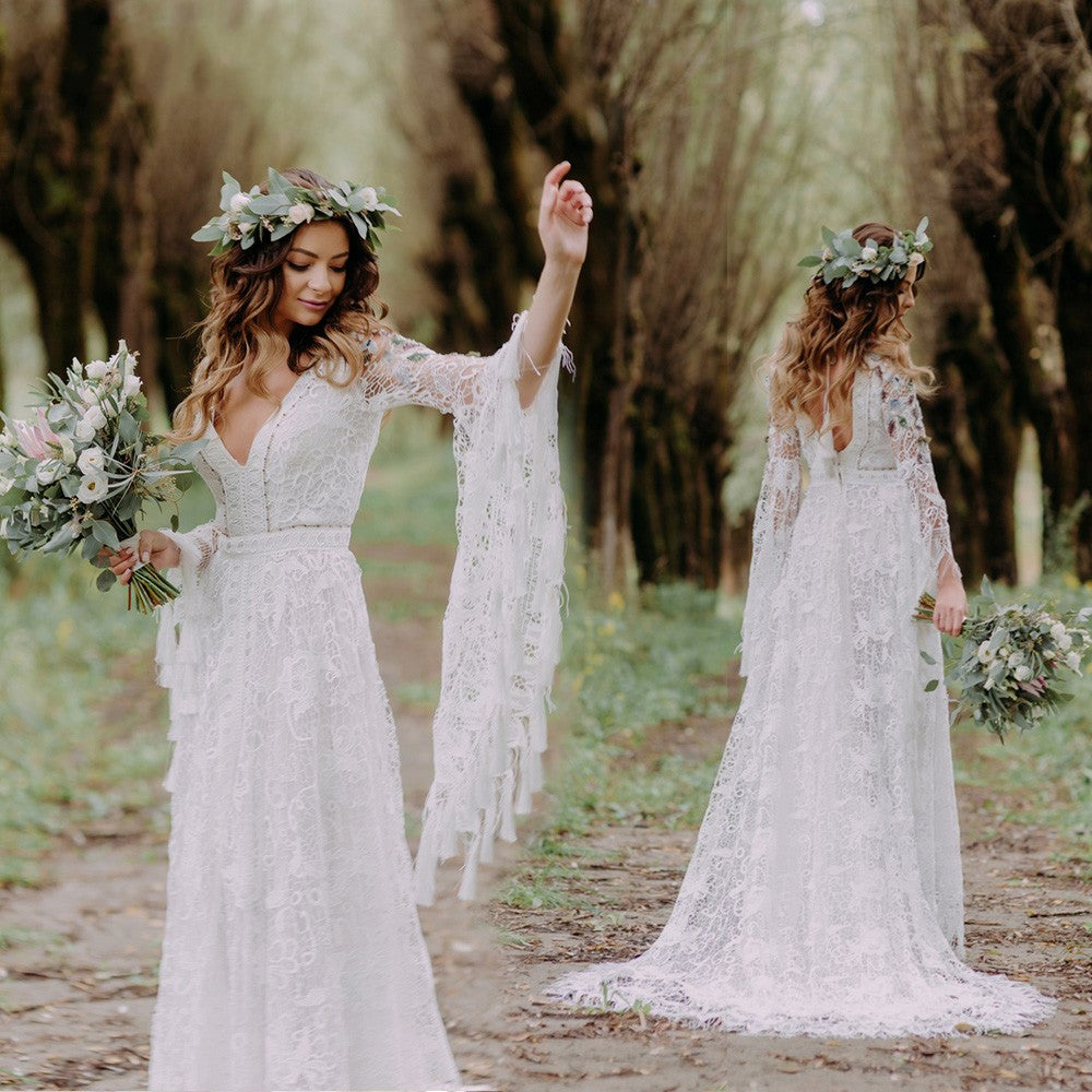 Flare Sleeve Lace Wedding Dresses Romantic Fashion Vestido De Noivas D ...