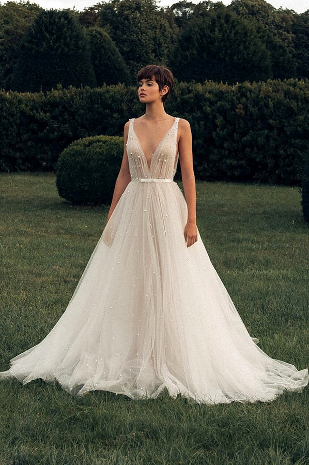 A Line Bohemian Pearls Tulle Wedding Dresses – TANYA BRIDAL