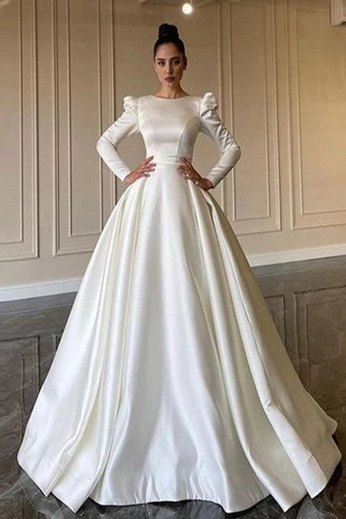 Simple Satin Long Sleeves Wedding Dresses – TANYA BRIDAL