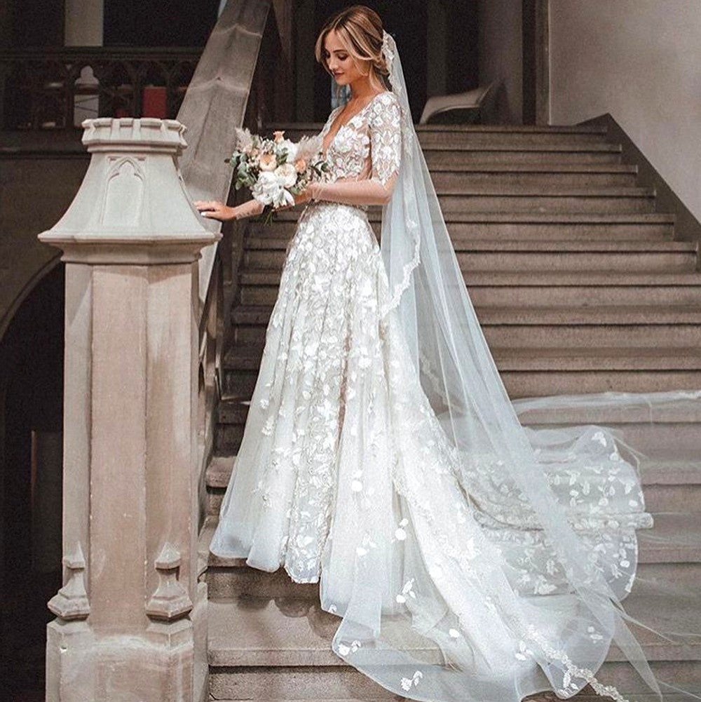 A Line V Neck Half Sleeves Lace Wedding Dresses TB1418 – TANYA BRIDAL