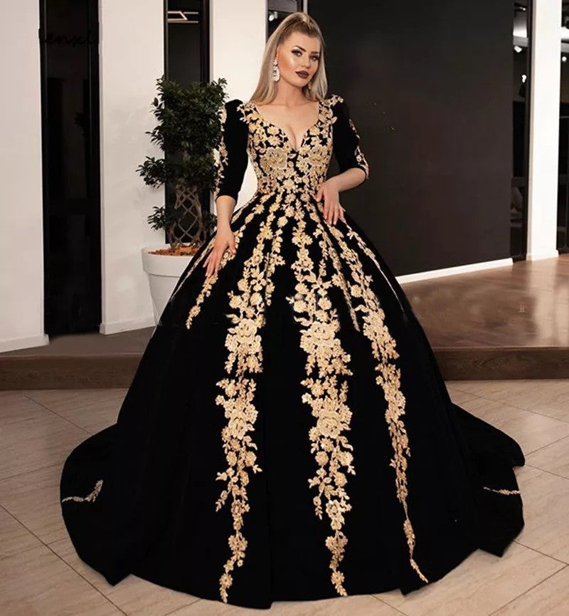 Black Arabic Prom Ball Gown With Gold Lace Appliques – TANYA BRIDAL