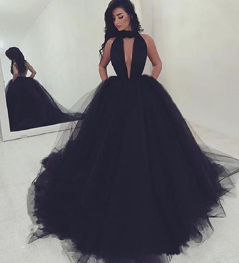 Black Prom Dresses Ball Gown Halter Tulle Backless Sexy Party Dresses ...