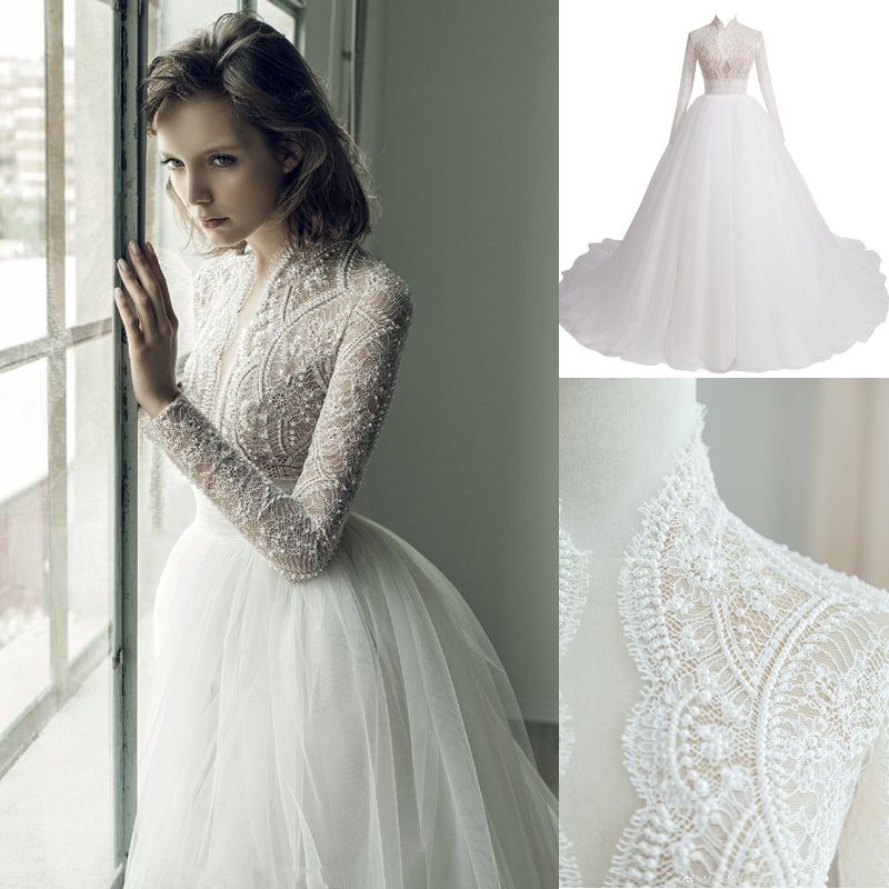 Long Sleeve Lace Ball Gown Tulle Luxury Beading Wedding Dress – TANYA ...