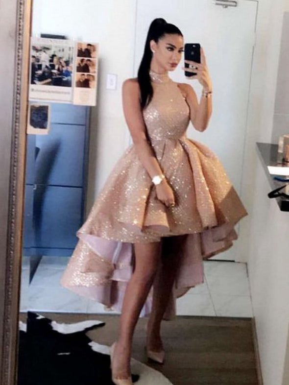 Elegant Rose Gold High Neck Prom Dresses 2020 Sexy Short Front Long Ba Tanya Bridal