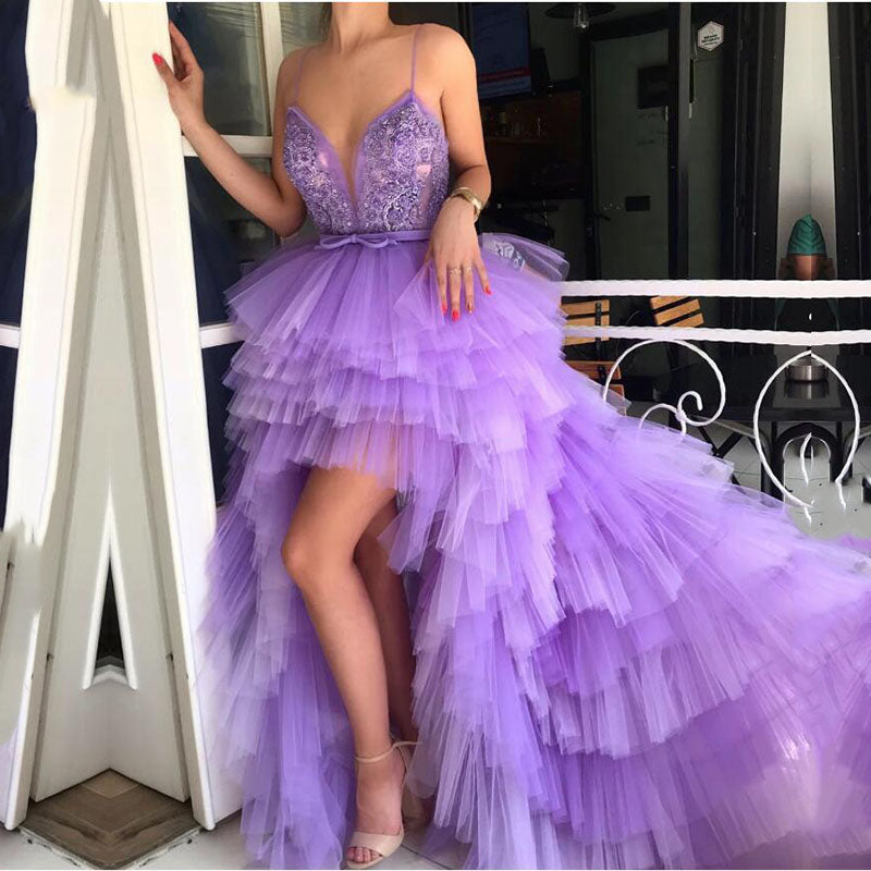 High Low Prom Dresses 2020 Sexy Spaghetti Strap Tiered Tulle Purple Fo ...