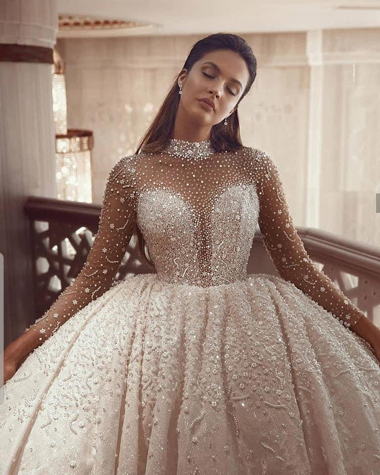 Luxurious Beading Ball Gown Wedding Dresses 2020 Long Sleeves Crystal Tanya Bridal 8871