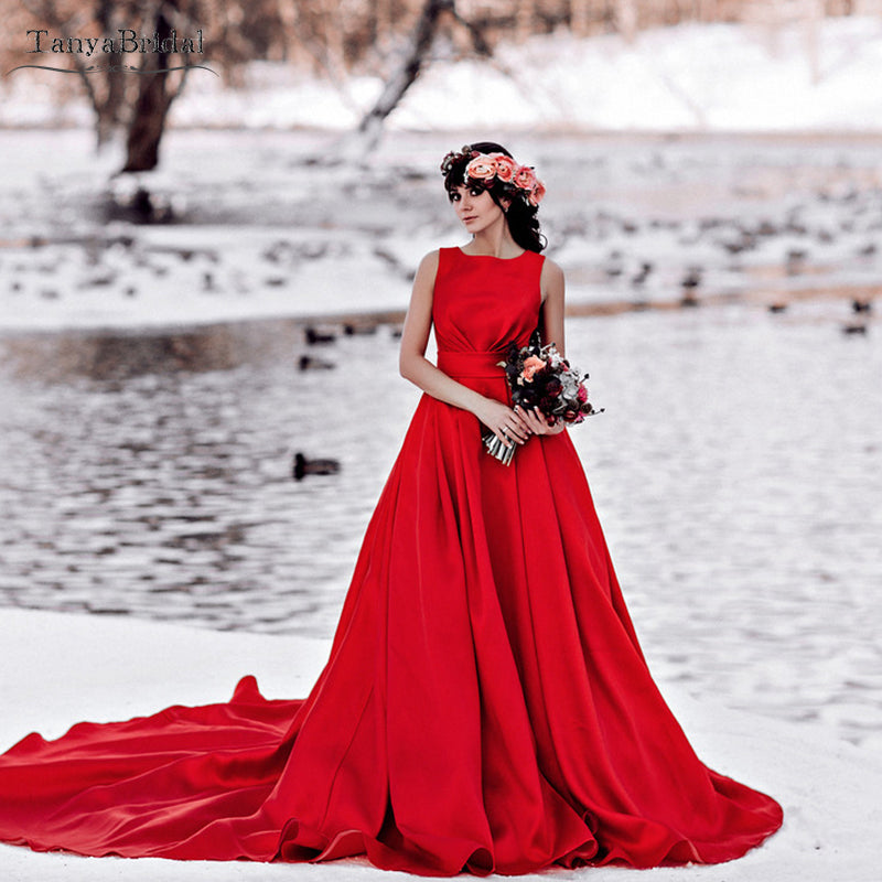 Red Satin Wedding Dresses Jewel Neck Elegant Bridal Gowns DW223 – TANYA ...