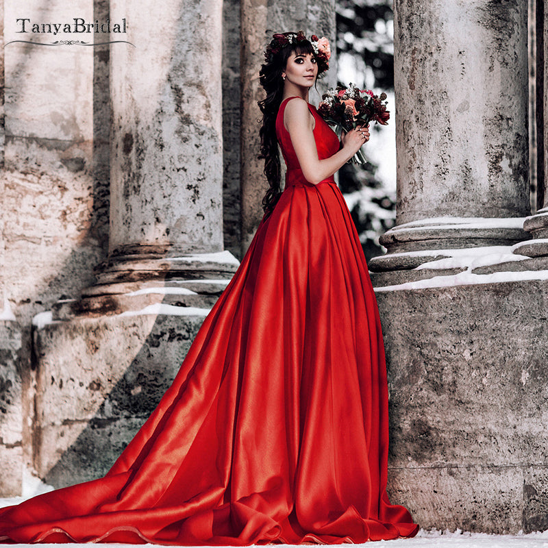 Red Satin Wedding Dresses Jewel Neck Elegant Bridal Gowns DW223 – TANYA ...