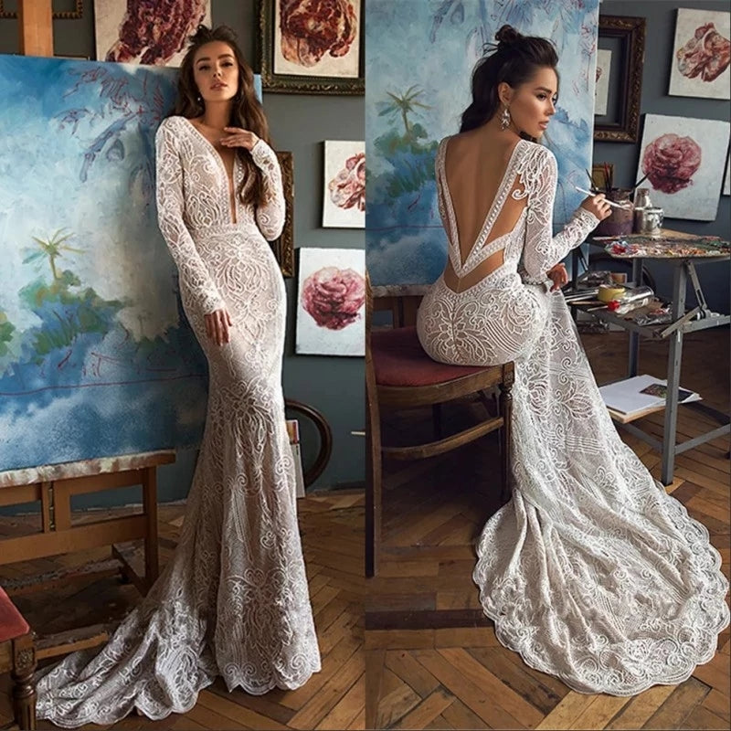 Crochet Lace Mermaid Wedding Dress Vintage Long Sleeve – TANYA BRIDAL