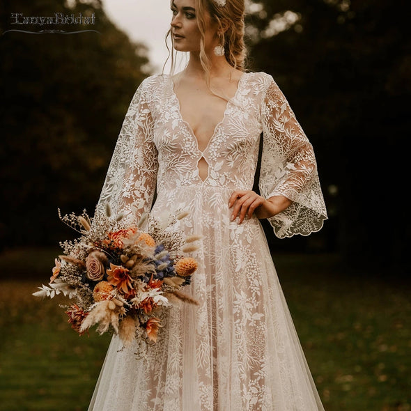 Leaf Lace Wedding Dresses Flare Sleeve Noivas Chic DW576 – TANYA BRIDAL
