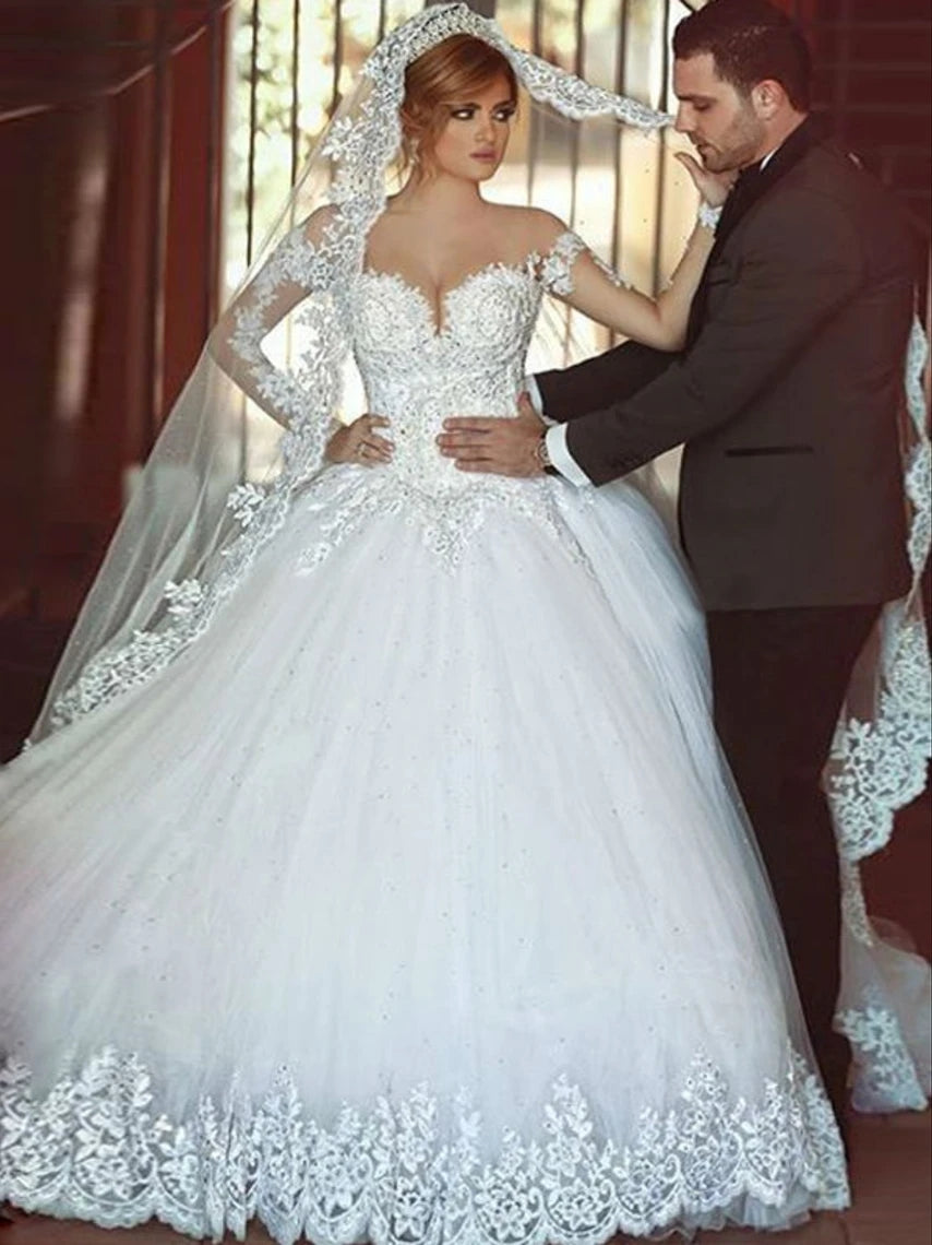 Ball Gown Long Sleeve Wedding Dresses Sweetheart Bridal Gowns With App ...