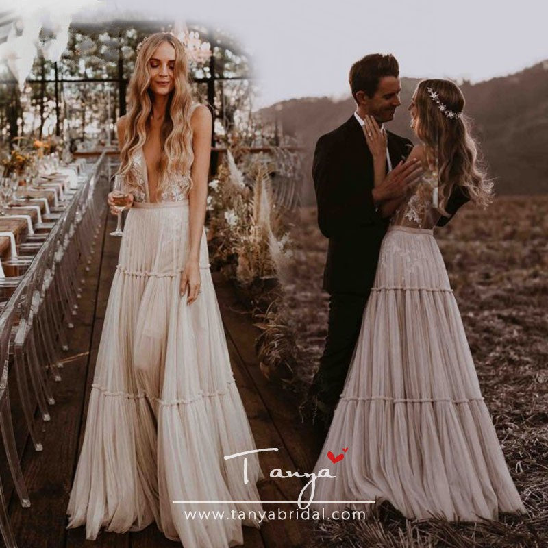 champagne boho wedding dress